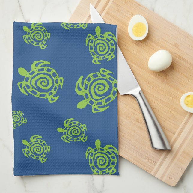 Turtle Green on Blue Towel (Quarter Fold)
