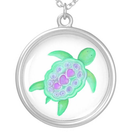 Turtle green purple whimsical necklace