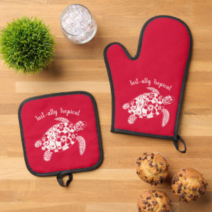 Turtle-Hawaiian-Fisherman Core-Cherry Red Oven Mitt & Pot Holder Set