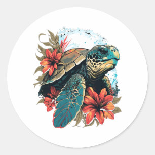 Turtle Hawaiian Sea Turtles Hibiscus Flower Classic Round Sticker