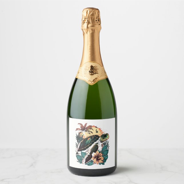 Turtle Hawaiian Sea Turtles Hibiscus Flower Sparkling Wine Label (Front)