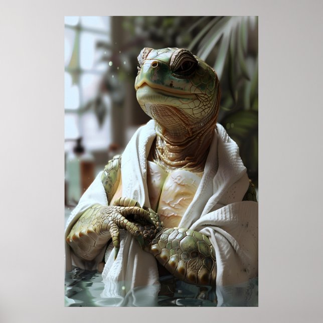 Turtle in Bathrobe Art Print, Humorous Animal Poster (Front)