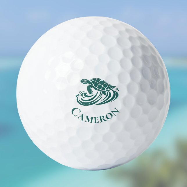 Turtle in Beach Waves Monogram Name Golf Balls (Creator Uploaded)