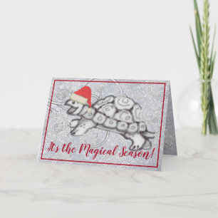 Turtle in Santa Hat Glitter Snowflake Christmas Holiday Card