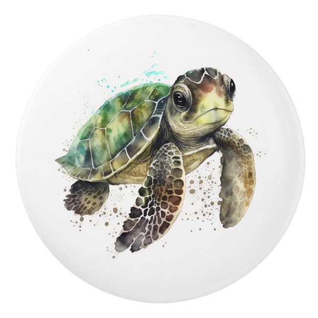 Turtle in Watercolor Ceramic Knob