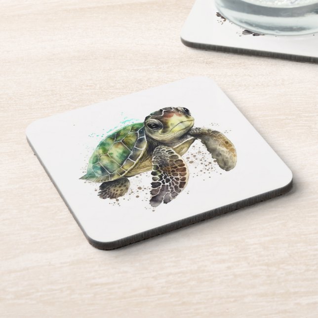 Turtle in Watercolor Hard plastic coaster (Left Side)