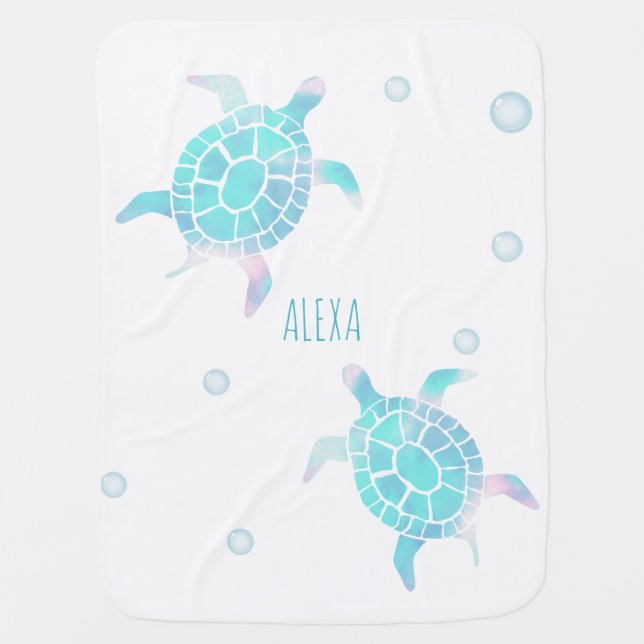 Turtle Kids Under The Sea Watercolor Pastel Baby Blanket (Front)