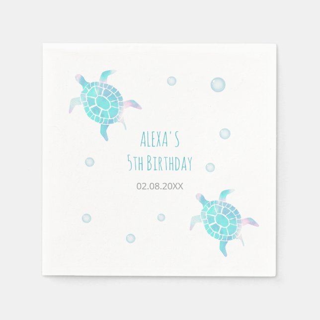 Turtle Kids Under The Sea Watercolor Pastel Party Napkins (Front)