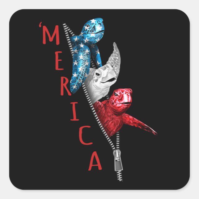 Turtle Merica Turtle In Zipper Funny American Flag Square Sticker (Front)