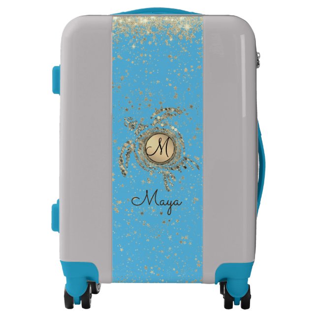 Turtle Monogram Stars on Blue Luggage (Front)