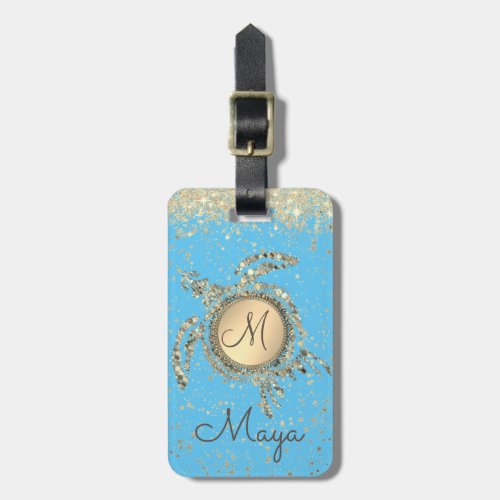 Turtle Monogram Stars on Blue Luggage Tag