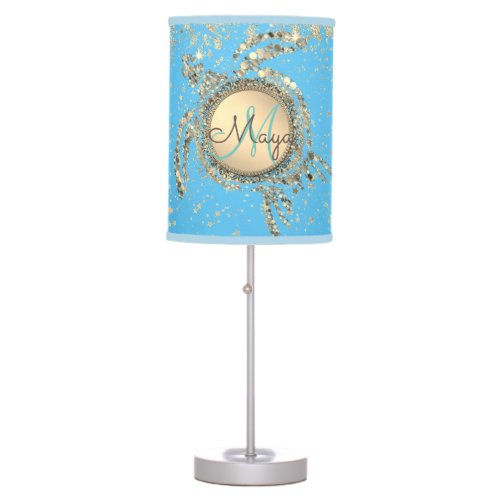 Turtle Monogram Stars on Blue Personalized  Table Lamp