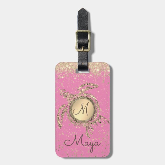 Turtle Monogram Stars on Pink Luggage Tag (Front Vertical)