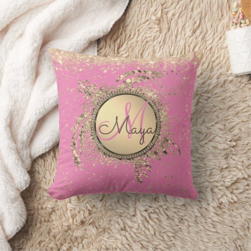 Turtle Monogram Stars on Pink Personalized Throw Pillow