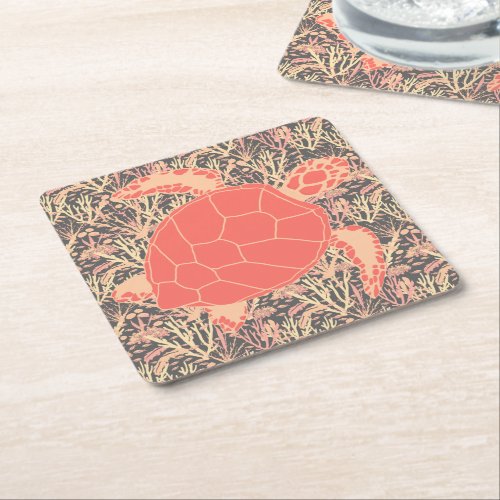 Turtle Ocean Reef Coral and Grey Square Paper Coaster