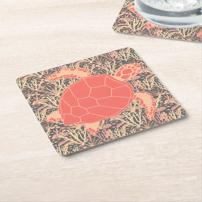 Turtle Ocean Reef Coral and Grey Square Paper Coaster (Angled)