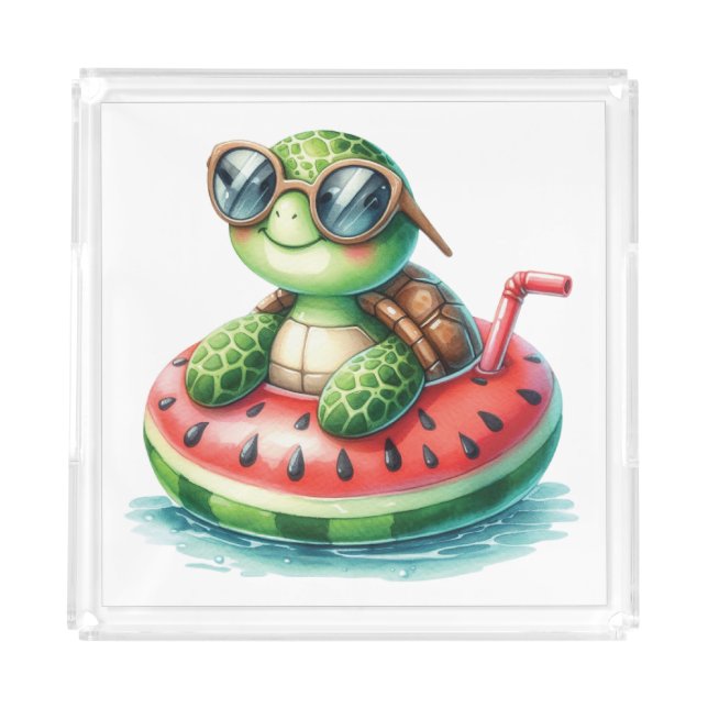 Turtle On A Watermelon Floaty Acrylic Tray (Front)