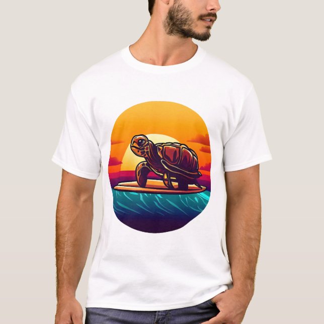 Turtle on Surfboard Sunset T-Shirt (Front)