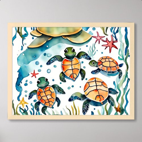 turtle painting little cute seaweed starfish ocean poster