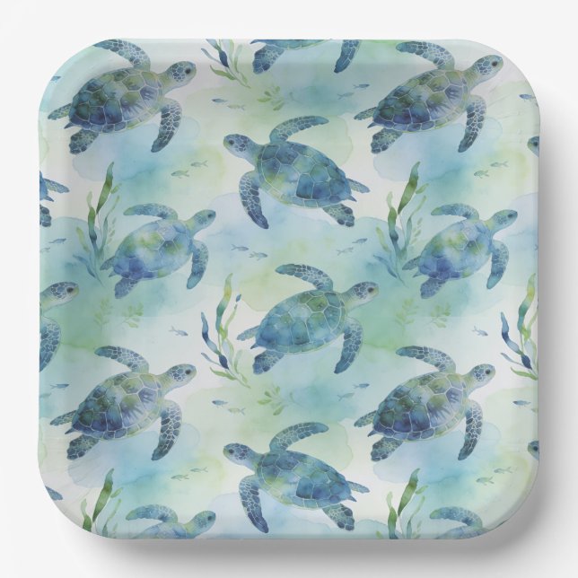 Turtle Paper Plates, Watercolor Sea Turtle Plates (Front)