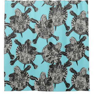 turtle party aqua blue shower curtain