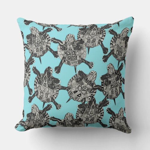turtle party aqua blue throw pillow