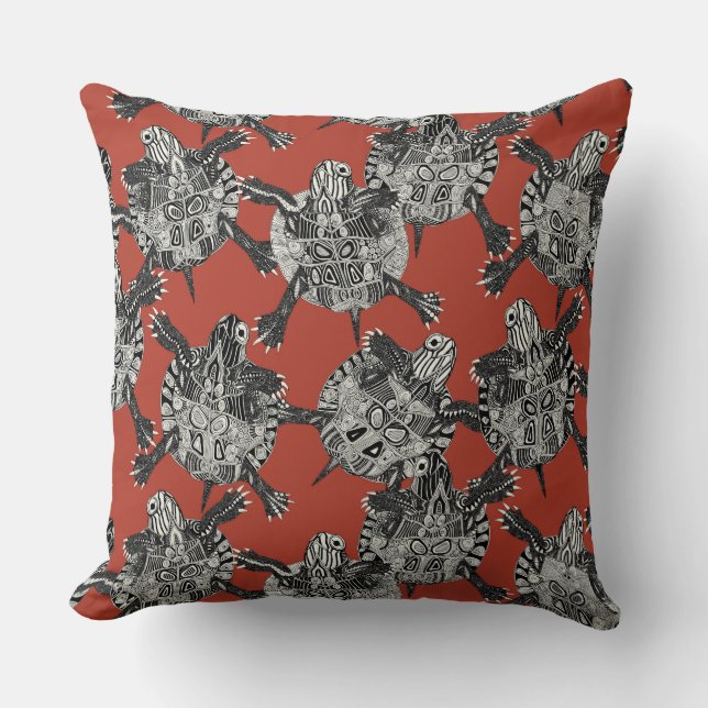 turtle party coral red throw pillow (Front)