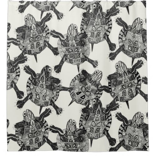 turtle party ivory black shower curtain