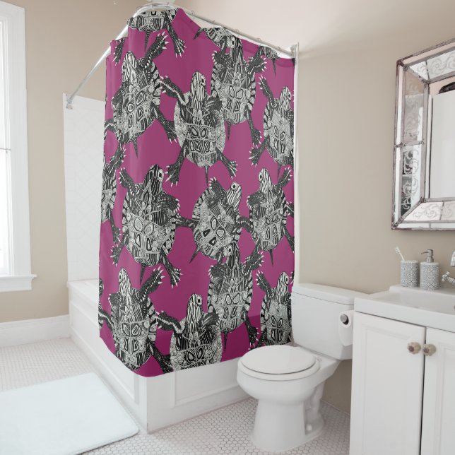 turtle party pink shower curtain (In Situ)