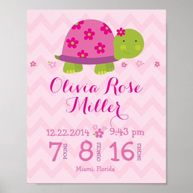 Turtle Pink Personalized Birth Stats Announcement Poster (Front)