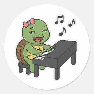 Turtle playing on a piano classic round sticker