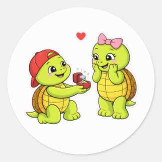 Turtle proposal with engagement ring classic round sticker