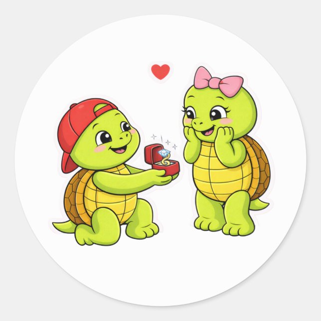 Turtle proposal with engagement ring classic round sticker (Front)