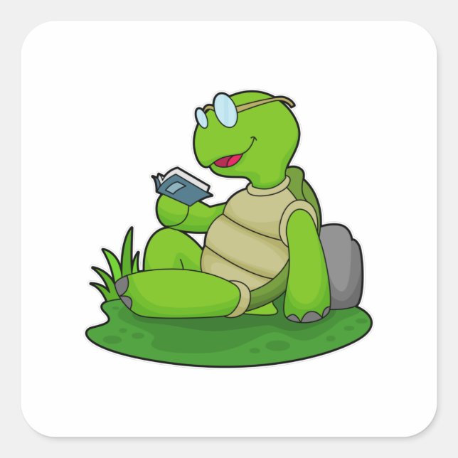 Turtle Reading Book Square Sticker (Front)