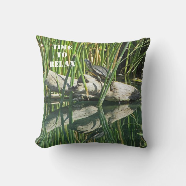 Turtle Reflection Photo Time to Relax Lake Animal Throw Pillow (Front)