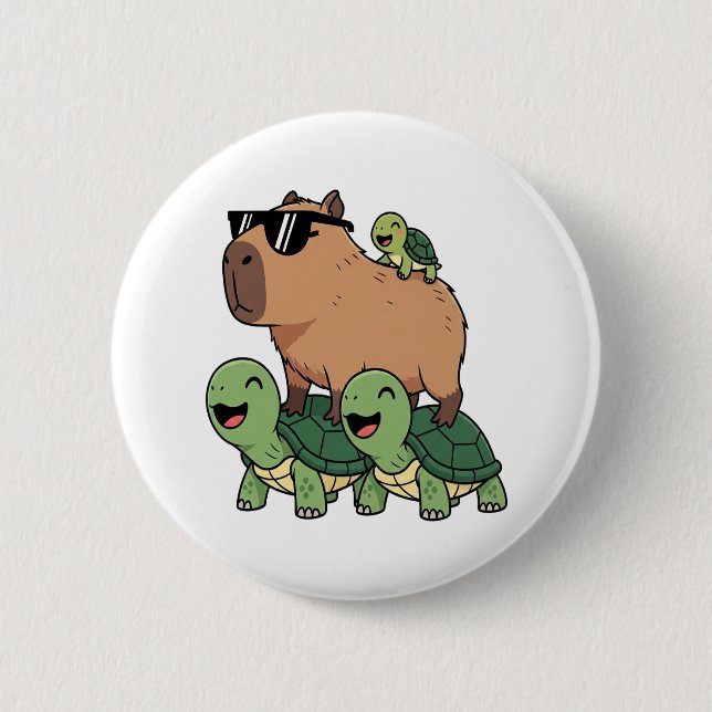 Turtle Ride Capybara, Funny Capybara Button (Front)