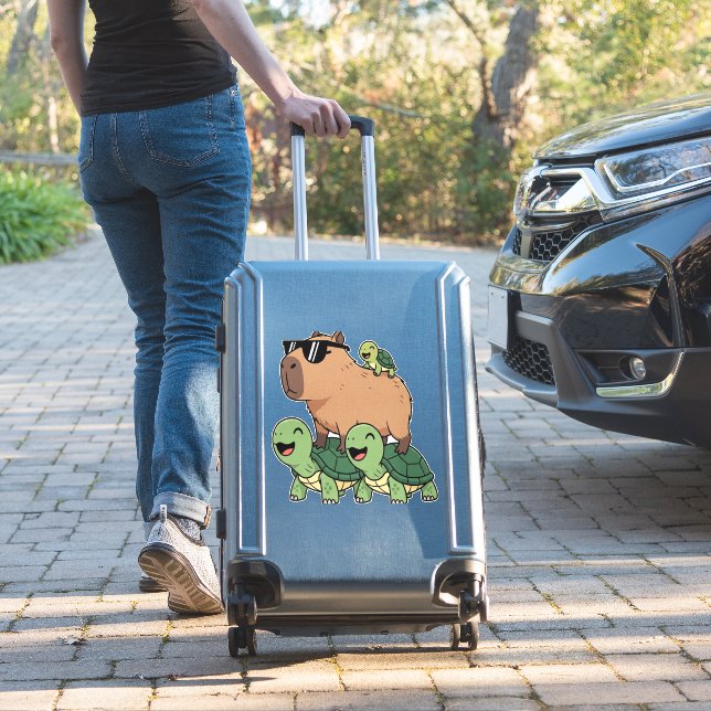 Turtle Ride Capybara, Funny Capybara Sticker (Suitcase Insitu)