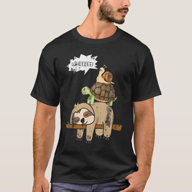 Turtle Riding A Sloth Whee Funny Sloth T-Shirt (Front)