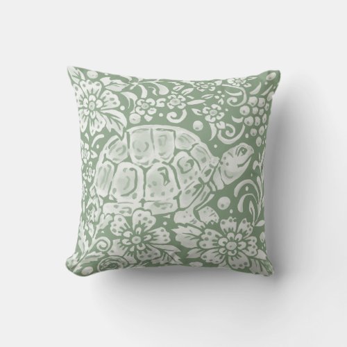 Turtle Sage Green Woodland Animal Floral Damask Throw Pillow