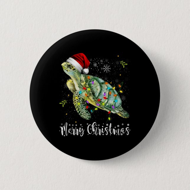 Turtle Santa Hat Merry Christmas Lights Xmas Holid Button (Front)