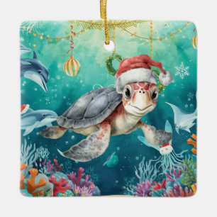 Turtle Santa Hat Under the Sea Christmas Party Ceramic Ornament