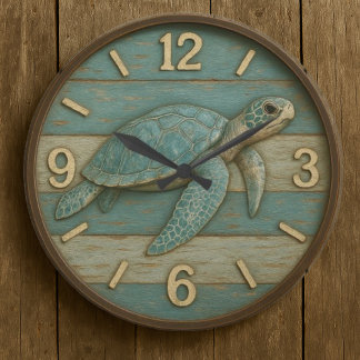 Turtle sea decor rustic coastal marine life large clock