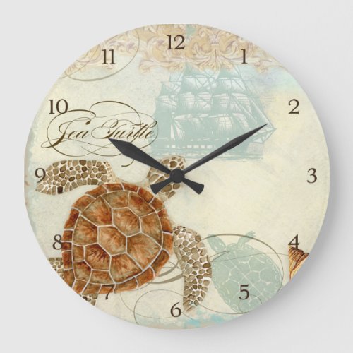 Turtle Sea Horse Beach Sand Seashore Collage Shell Large Clock