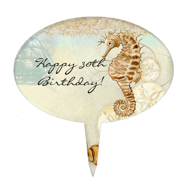 Turtle Sea Horse Beach Sand Shell 30th Birthday Cake Topper (Front)