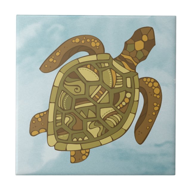 Turtle Sea Life Blue Mosaic Nautical Ceramic Tile (Front)