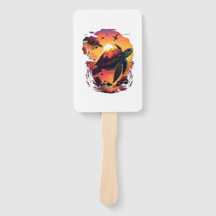 Turtle Sea Ocean Seashore Tropical Beach Sunset Hand Fan