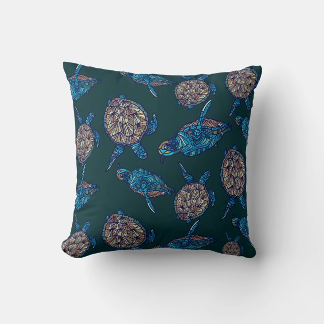 Turtle seamless pattern on dark background. illust throw pillow (Front)