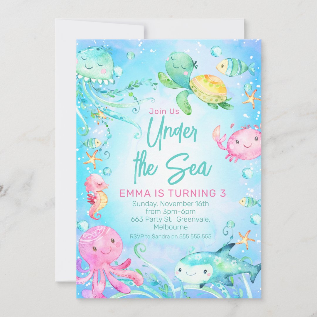 Turtle Shark Octopus Under The Sea Birthday Invitation | Zazzle