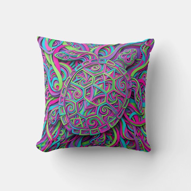 Turtle Shell Neon Throw Pillow – Modern Wall Decor (Front)