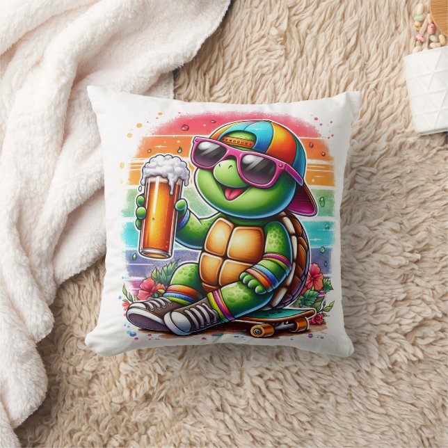Turtle skateboarder sipping a drink outdoors throw pillow (Blanket)